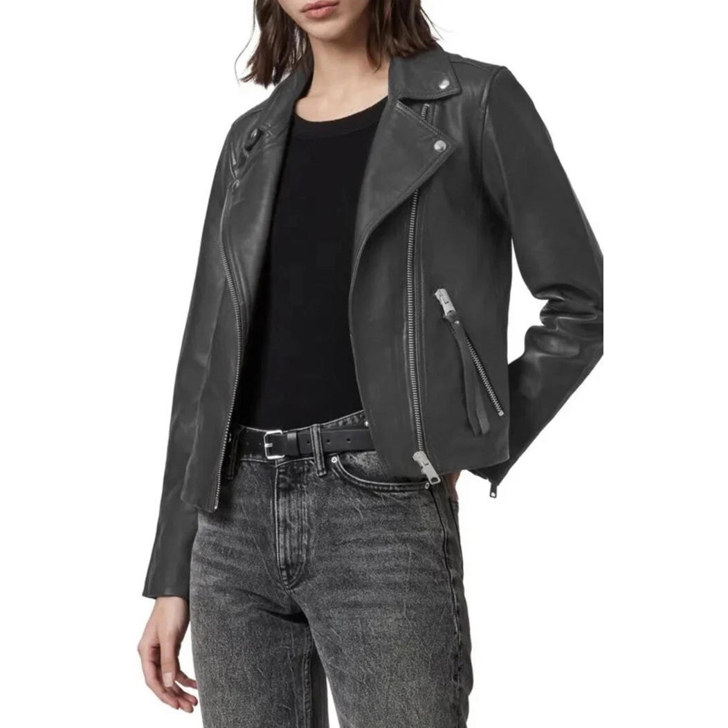 New, Allsaints Dalby Leather Biker Jacket In Anthracite Grey Size Us 6 #Sj1579
